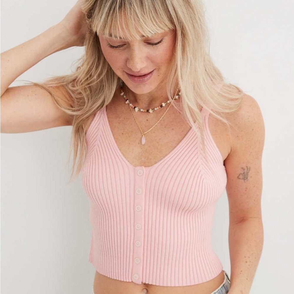 AERIE Button Down Sweater Top in Pink Wonder Size M Stretchy Great for Layering